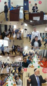 All the boys in Yeshiva had a very fun time at the Chanukah Mesiba. While enjoying pizza and french fries, sponsored by the PTA, we heard stories and divrei Torah. Each Mesiba was followed by dancing with Rebbeim and friends.