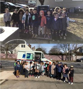 The parade of community helpers marches on. The Kindergarten children went to mail letters home.