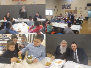 Rabbi A. Portowicz joined the 5-8 grade talmidim for a Seudas Hodaa. Last year our talmidim davened for his Refuah Shelaimah. At the Seudah he shared words of appreciation and chizzuk.