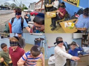 Mrs. Weissman's 5th grade ELA class navigating as a "sightless person".  Getting an understanding of the character from the book they are reading, "Follow My Leader" by James B. Garfield.